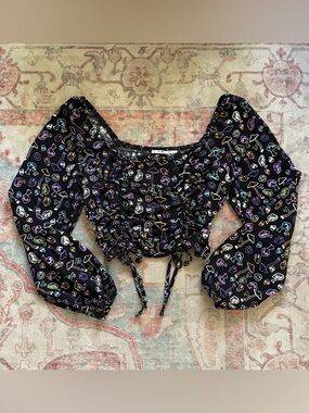 Black Long-Sleeve Ruched Crop Top with Multicolor Mushroom Print